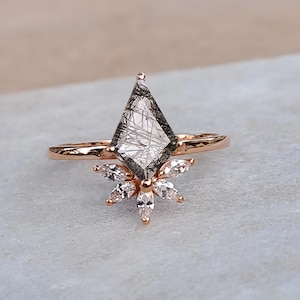 Natural Black Rutile Kite Ring Marquise cut Leaf  Valentine Gift Ring Kite Ring Birthday gift wedding ring Birth stone ring Cocktail Ring.