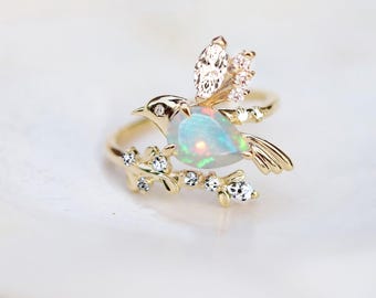 Hummingbird Opal Engagement Ring, Marquise Diamond Wings, Sterling Silver