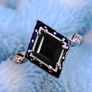 Natural black onyx Rhombus Stone Ring Enamel Ring Rhombus stone ring gift for her kite ring Birthday gift wedding ring Birth stone ring