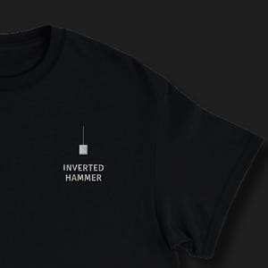 May include: Black t-shirt with a minimalist design. The shirt features a small, white graphic of a square with a line above it, and the text "INVERTED HAMMER" below the graphic. The t-shirt has short sleeves and a crew neck.