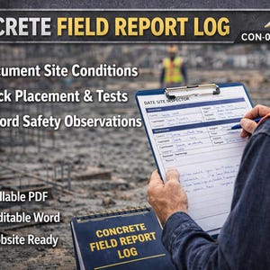 May include: A construction worker in a yellow hard hat and safety vest is writing on a clipboard labeled "DATE SITE INSPECTOR." The image includes text: "CONCRETE FIELD REPORT LOG," "Document Site Conditions," and "Fillable PDF."