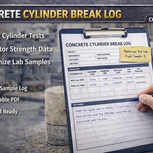 May include: A clipboard with a "CONCRETE CYLINDER BREAK LOG" form is being filled out with a pen. The form includes sections for project details, break date, and test marks. Concrete cylinders are visible in the background.