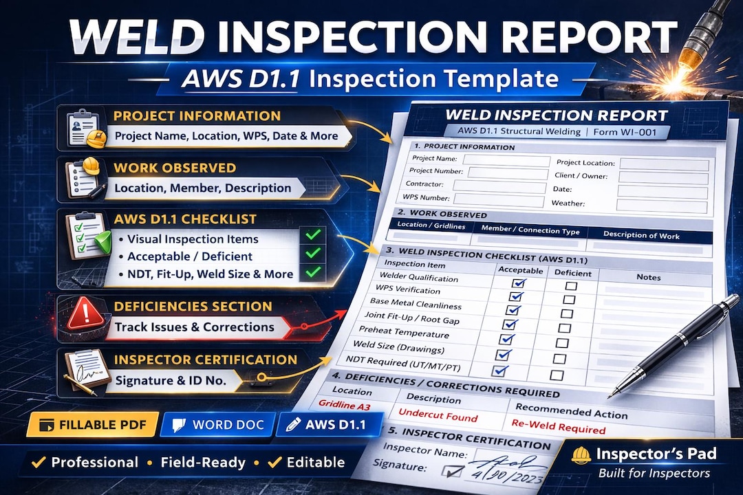 Weld Inspection Report Template | AWS D1.1 Summary, QA QC Form ...