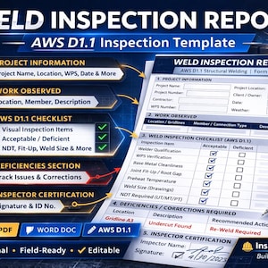 May include: A Weld Inspection Report template, AWS D1.1, with sections for project information, work observed, and a checklist. Includes a pen and the text "Inspector's Pad Built for Inspectors". The document is fillable and editable.