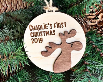 Wooden Baby's First Christmas Ornament 2022 - Personalized Christmas Ornament - Engraved Christmas Ornament - Moose Ornament - 1st Christmas