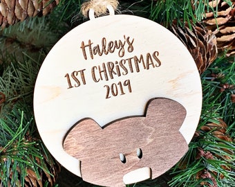 Wooden Baby's First Christmas Ornament 2022 - Personalized Christmas Ornament - Engraved Christmas Ornament - Bear Ornament -First Christmas