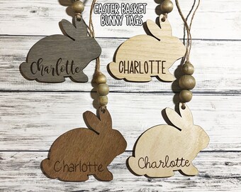 Personalized Easter Basket Name Tag - Custom Wooden Tags - Easter Gift Tag - Easter Name Tags - Bunny Tags - Your Choice of Stain