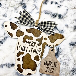 Merry Christmas Personalized Cow ornament with name eartag Cow Ornament Farm animal Ornament Livestock Tag ornament Custom ornament image 2