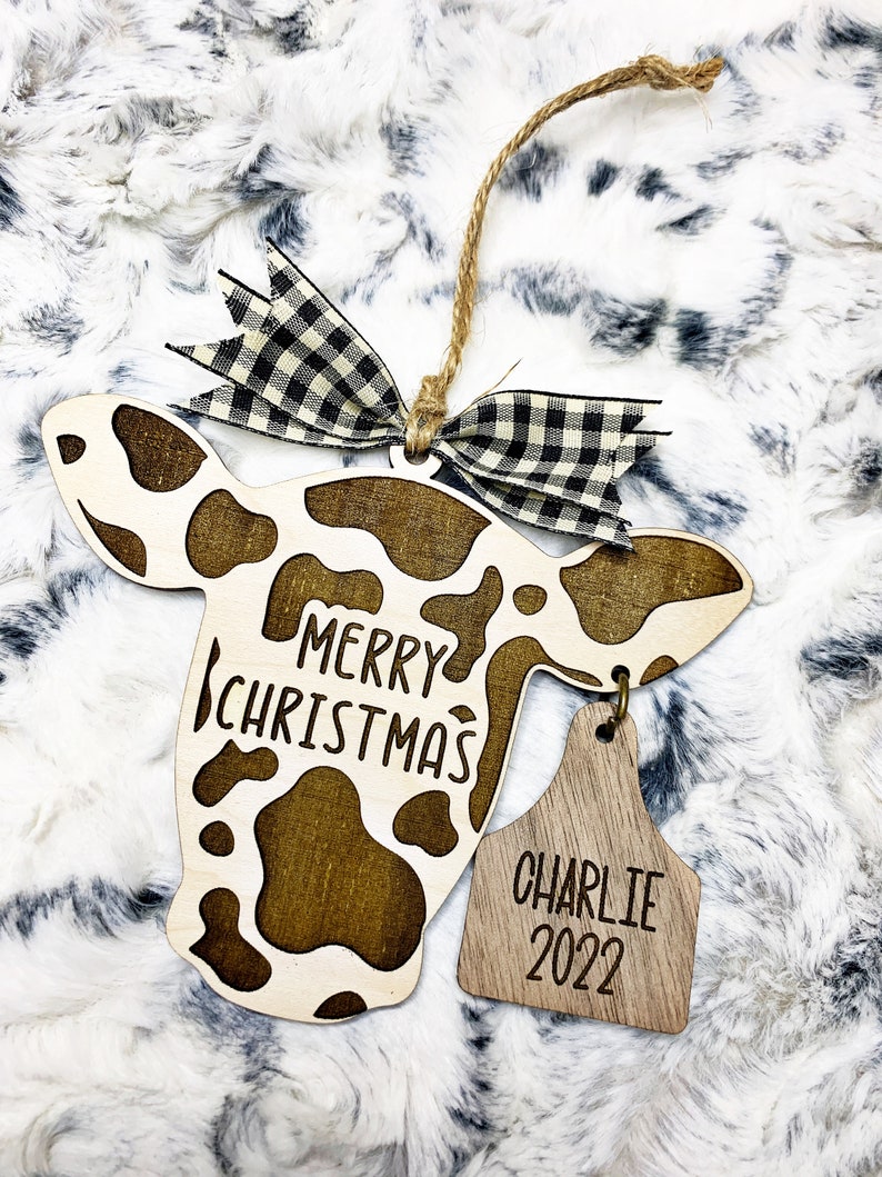 Merry Christmas Personalized Cow ornament with name eartag Cow Ornament Farm animal Ornament Livestock Tag ornament Custom ornament image 2