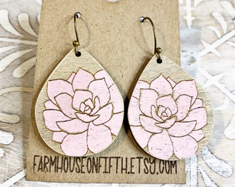 Handpainted Distressed pink rose wooden earrings