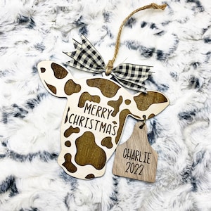 Merry Christmas Personalized Cow ornament with name eartag Cow Ornament Farm animal Ornament Livestock Tag ornament Custom ornament image 1