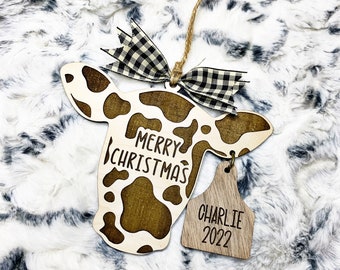 Merry Christmas Personalized Cow ornament with name eartag - Cow Ornament - Farm animal Ornament - Livestock Tag ornament - Custom ornament