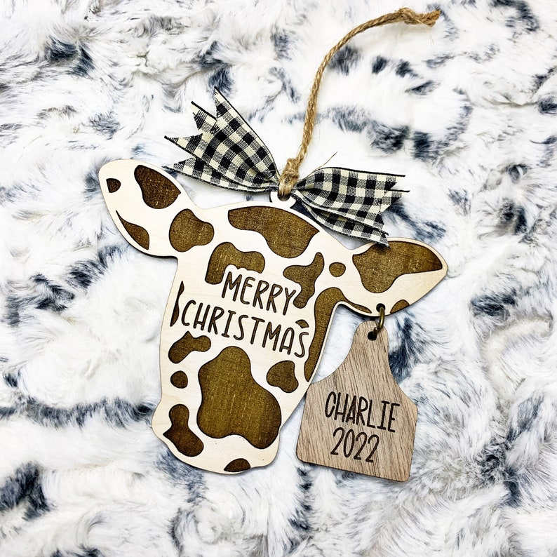 Merry Christmas Personalized Cow ornament with name eartag Cow Ornament Farm animal Ornament Livestock Tag ornament Custom ornament image 1