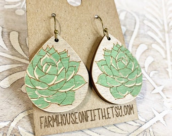 Handpainted Distressed green succulent laser engraved earrings