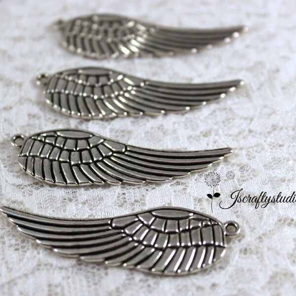 Ships From USA - (6) Large antiqued silver Wing charms 50mmx16mm