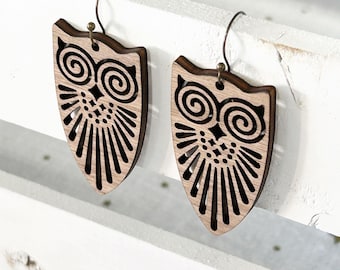 Handmade minimalist wooden owl earrings