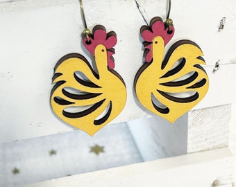 Handpainted minimalist wooden chicken earrings