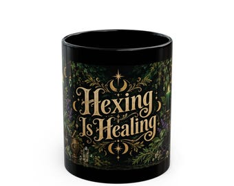 Hexing Is Healing — Emerald Apothecary Black Mug, 11oz | Vespera Morrigan