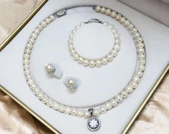 Freshwater Pearl Necklace Set, 925 Silver, Bridal Jewelry