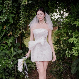 Beaded Mini Wedding Dress: Bow Detail, Plus Size Option