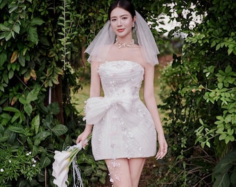 Beaded Mini Wedding Dress with Bow, After Party Dress