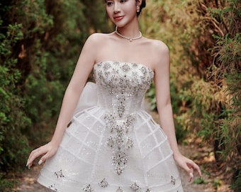 Handmade Sparkly Mini Wedding Dress, Beaded Bridal Shower Dress with Bow