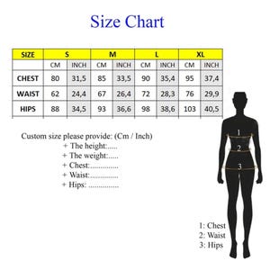 May include: A size chart table with columns for S, M, L, and XL sizes, listing chest, waist, and hip measurements in centimeters and inches. It includes a silhouette of a figure with numbered points for chest, waist, and hip, plus custom size fields.
