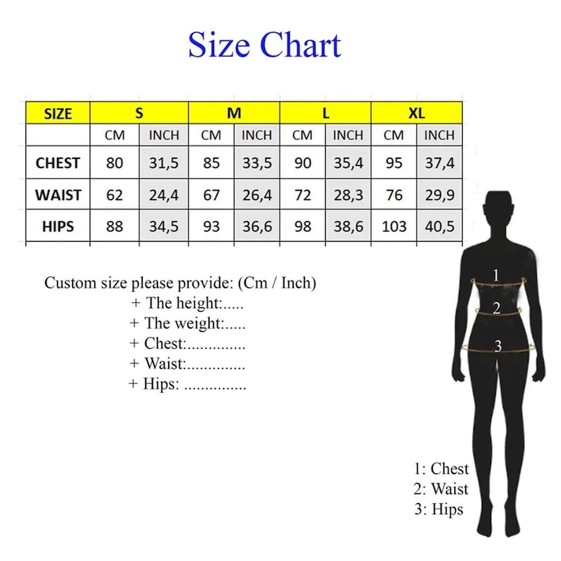 May include: A size chart table with columns for S, M, L, and XL sizes, listing chest, waist, and hip measurements in centimeters and inches. It includes a silhouette of a figure with numbered points for chest, waist, and hip, plus custom size fields.