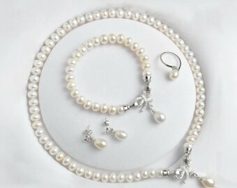 Genuine Freshwater Pearl Jewelry Set 8mm Bridal Necklace Bracelet Earrings Ring Wedding Jewelry Gift
