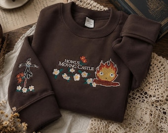 Howl's Moving Castle Embroidered Sweatshirt, Calcifer Anime Crewneck, Ghibli Inspired Top