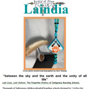 May include: A beaded necklace with a turquoise and white beaded pendant featuring a handprint and two crossed arrows. The pendant is hanging from a wooden walking stick. The text "Gone But Not Forgotten" is visible at the top of the image.