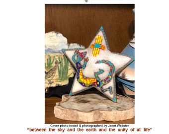 May include: A white star-shaped pillow with a beaded design of a lizard and a Zia sun symbol. The pillow is on a wooden base. "Between the sky and the earth and the unity of all life" is written below the image.