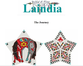 May include: Two star-shaped beading patterns, one with a red horse and the other with a red horse with a turquoise and black design. The text "Wild & Free" and "LaIndia" are at the top of the image. The text "The Journey" is below the stars.