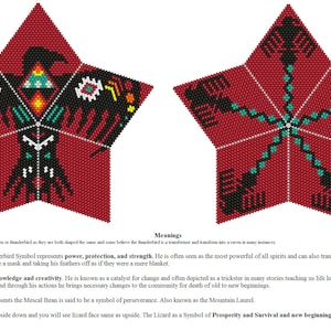 May include: A red, black, and turquoise beaded star-shaped design with a Thunderbird and Raven motif. The design is a symbol of power, protection, strength, knowledge, creativity, and perseverance. The text "Meanings" is at the bottom of the image.