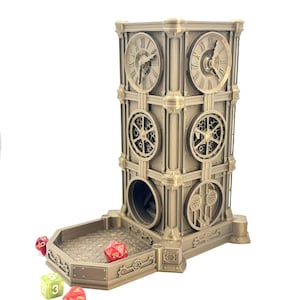 May include: A metallic gold-colored dice tower with a steampunk clock tower design. The tower features clock faces, gears, and a dice tray. Several dice are scattered around the base of the tower, with visible numbers.