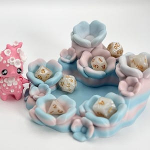 Pastel Flower Themed Dice Holder with Rolling Tray and Kitty Guardian