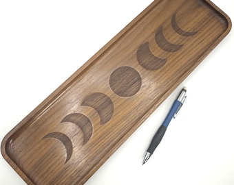 Catch all wooden valet tray and nightstand organizer, engraved with the moon phases