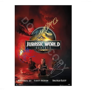 Foto autografata di Scarlett Johansson con 3 membri del cast di Jurassic World Rebirth, formato RP A4