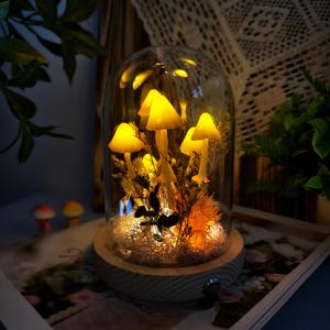Enchanted Yellow Mushroom Lamp with Miniature Fairy, Cute Fairy Lamp, Fantasy Mushroom Nightlight, Christmas Birthday Gift Nature Lover