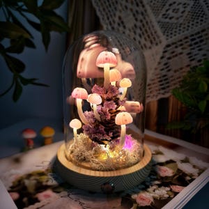 Enchanted Purple Mushroom Lamp with Miniature Fairy, Cute Fairy Lamp, Fantasy Mushroom Nightlight, Unique Gift for Ocean Lover