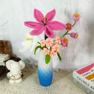 Knit Tulip Lily Rose Flowers Bouquet in Vase, Crochet Lily Flowers Bouquet, Personalized Forever Flowers, Birthday, Crochet Gift