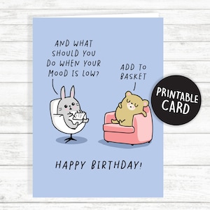 Druckbare Humor Karte zum Geburtstag Kawaii Süße 'SHOPPING' Karte. Drucken Sie zu Hause Digital Download.