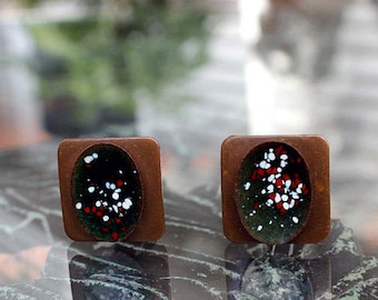 Modernist Copper Earrings - Colorful Speckled Enamel, Vintage Earrings