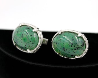 Swank Cuff Links, Speckled Green Glass Cabochons, ca. 1960s, Vintage Cuff Links