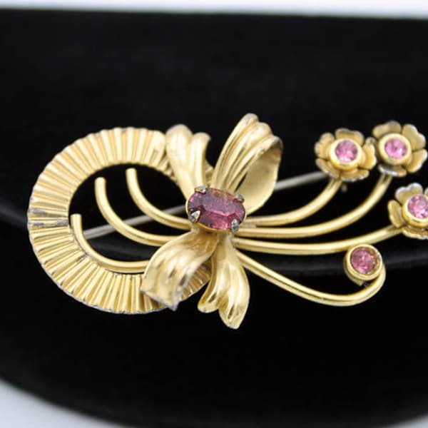 Bond Boyd Flower Brooch, Vermeil Over Sterling with Purple and Pink Rhinestones, Vintage Brooches