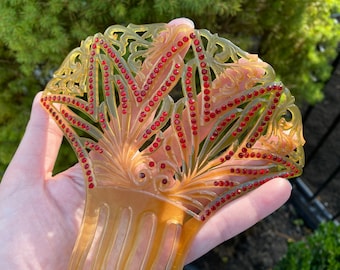 Apple Juice Celluloid Hair Comb With Red Rhinestones, Ca  display picture 2
