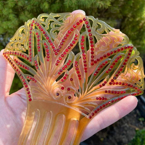 Apple Juice Celluloid Hair Comb with Red Rhinestones, ca. 1920s