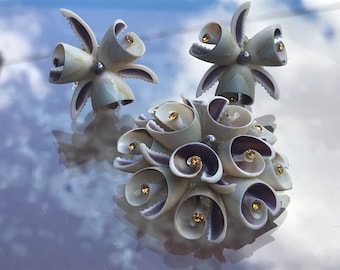 Shell and Rhinestone Brooch and Earring Set on Original Card, ca. 1960s