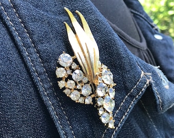 B.S.K. Rhinestone Brooch, Brushed Goldtone, ca. 1960s