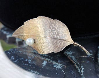 Krementz Leaf Brooch - Rolled Gold with Cultured Pearl, Vintage Brooches